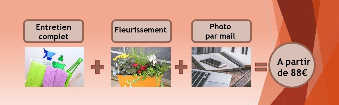 formule entretien fleurissement-eternel jardin encadré avec trois images, la première représente des produits d'entretien, la deuxième représente une jardinière avec des plantes, la troisième image représente un ordinateur, un téléphone et un cahier. formule d'entretien avec fleurissement des pierres tombales a partir de : entretien complet de la sépulture + fleurissement de la tombe + envois de photos par mail = prix a partir de 88€