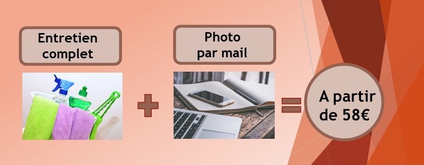 Formule entretien complet d’Eternel jardin encadré avec deux images, la première représente des produits d'entretien, la deuxième représente un ordinateur, un téléphone et un cahier.