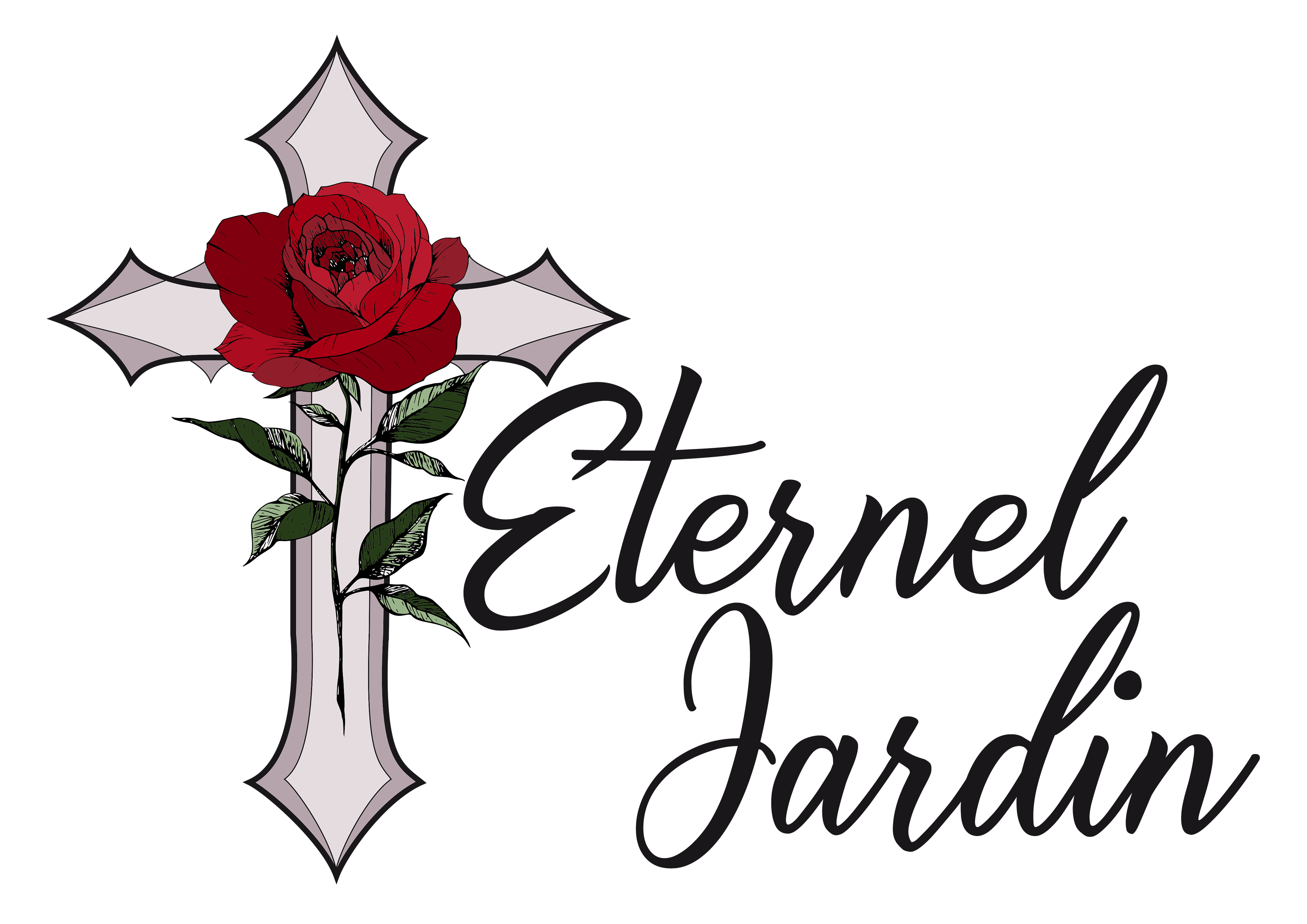 logo d’eternel jardin Logo d'Eternel Jardin, une croix avec une rose rouge par dessus