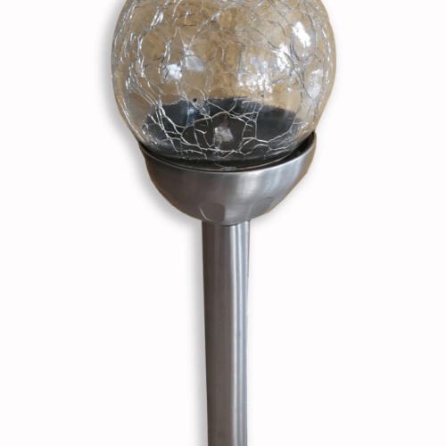 Lanterne solaire, une boule de verre sur pied métalisé, produit d'Eternel jardin