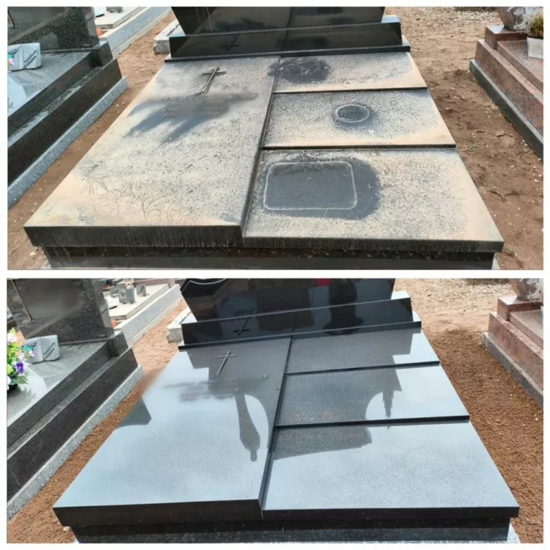 Tombe double en marbre, photo avant et après nettoyage. Avant pleine de sable et après lisse brillante et propre