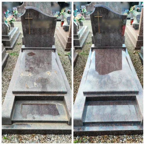 Photo avant et après d'une tombe en marbre après nettoyage, qui est propre, lisse et brillante après lavage