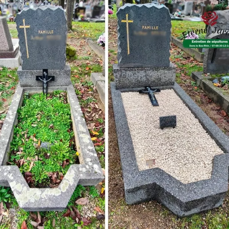 Sépulture en pierre ouverte nettoyé, enlevé du lichen et champignons. mise à niveaude l'intérieur de la sépulture avec des gravillons blanc.