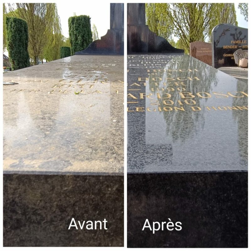 Photo avant et après le nettoyage d'une sépulture noir. qui est de nouveau brillante et lisse