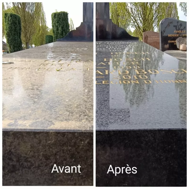 Photo avant et après le nettoyage d'une sépulture noir. qui est de nouveau brillante et lisse