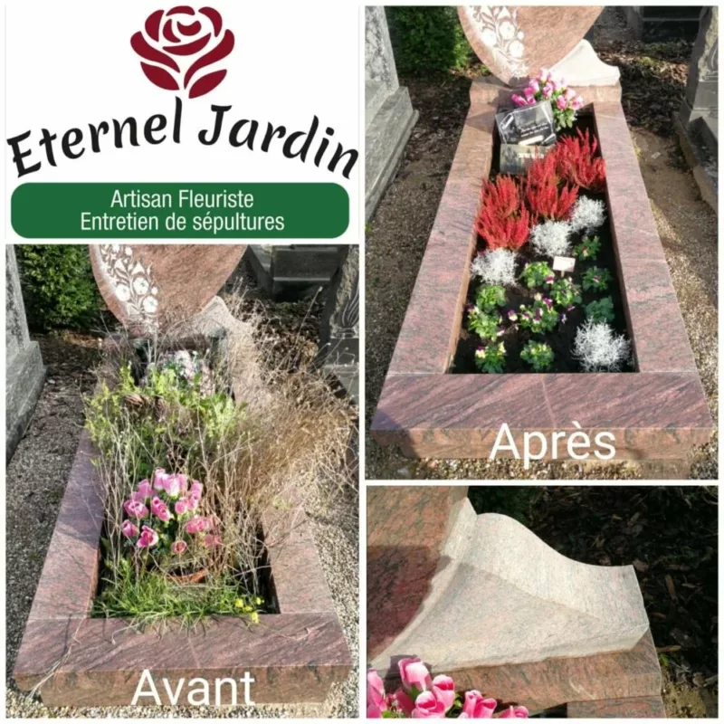 Désherbage, nettoyage et plantation d'une sépulture en marbre avec des plantes automnales pour la Toussaint. Photo avant et après.