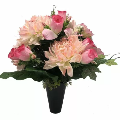 Cone de fleurs artificielles rose et rose clair dans un pot lestée pour cimetière