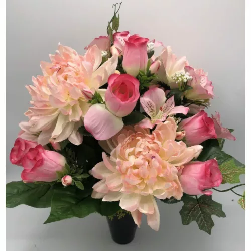 Cone de fleurs artificielles rose et rose clair dans un pot lestée pour cimetière