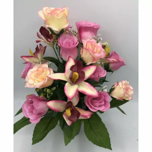 Cone de fleurs artificielles rose et rose clair dans un pot lestée pour cimetière