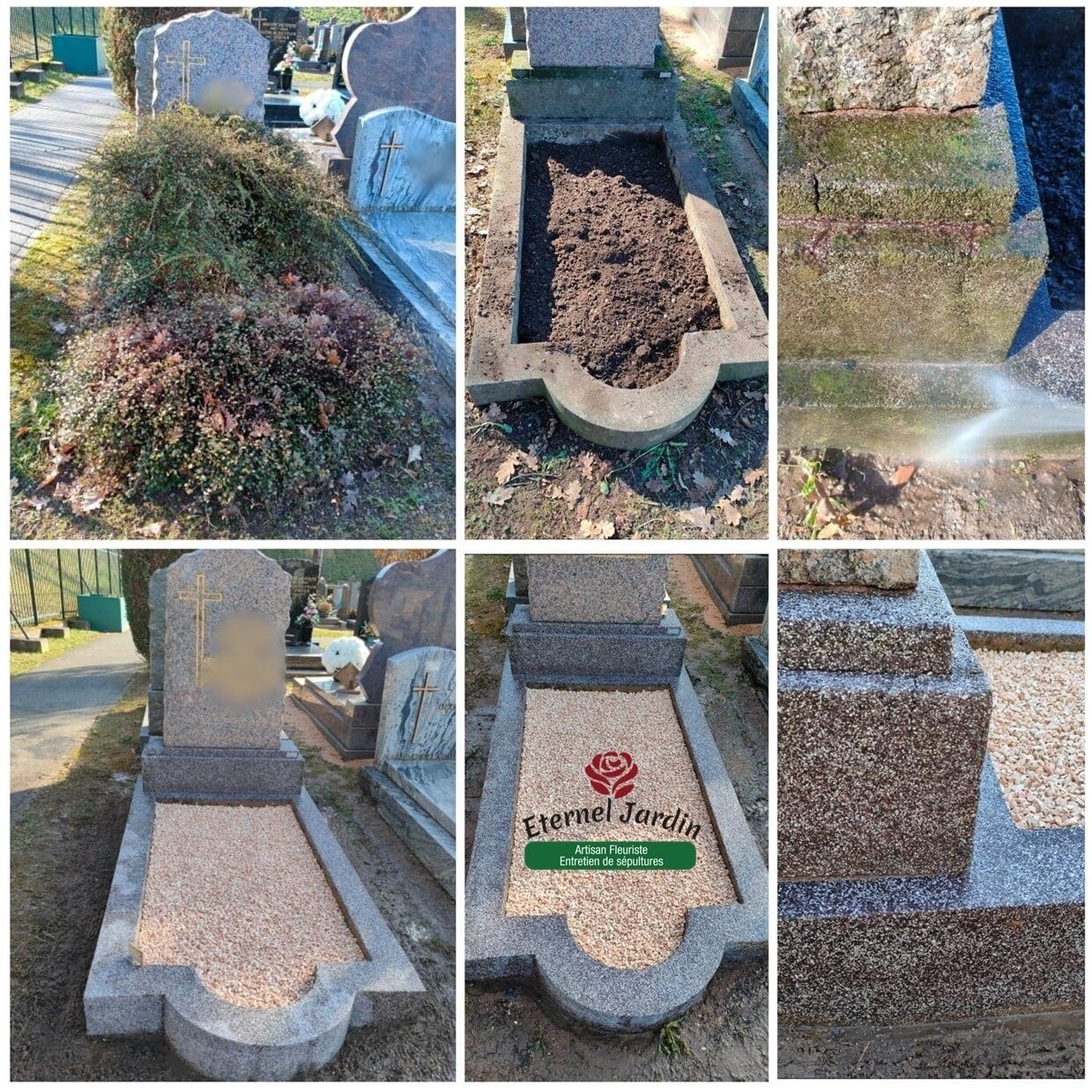 rénovation d'une sépulture, plusieurs photos avant et après. Enlèvement des buissons, nettoyage et mise a niveau avec des gravillons