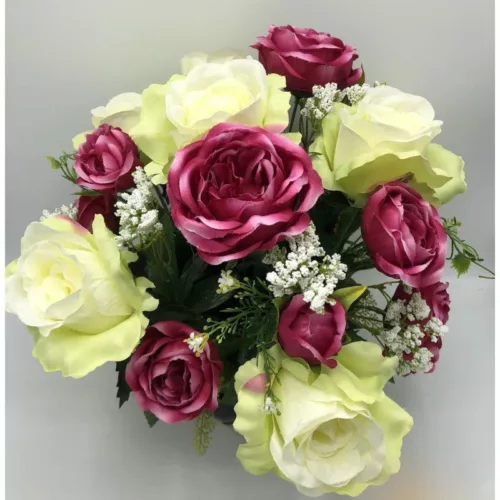 Coupe de fleurs artificielles fushia et blanche dans un pot lestée pour cimetière