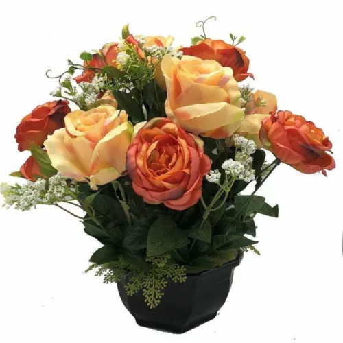 Coupe de fleurs artificielles saumon et orange dans un pot lestée pour cimetière
