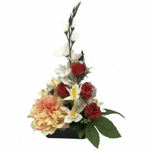 Jardinière de fleurs artificielles beige , rouge et saumon dans un pot lestée pour cimetière