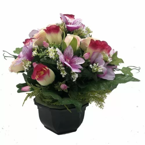 Coupe de fleurs artificielles fushia, mauve et rose clair dans un pot lestée pour cimetière